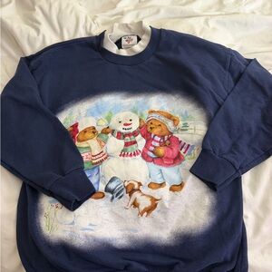 Charming Navy Sweatshirt with Bear and Snowman Design